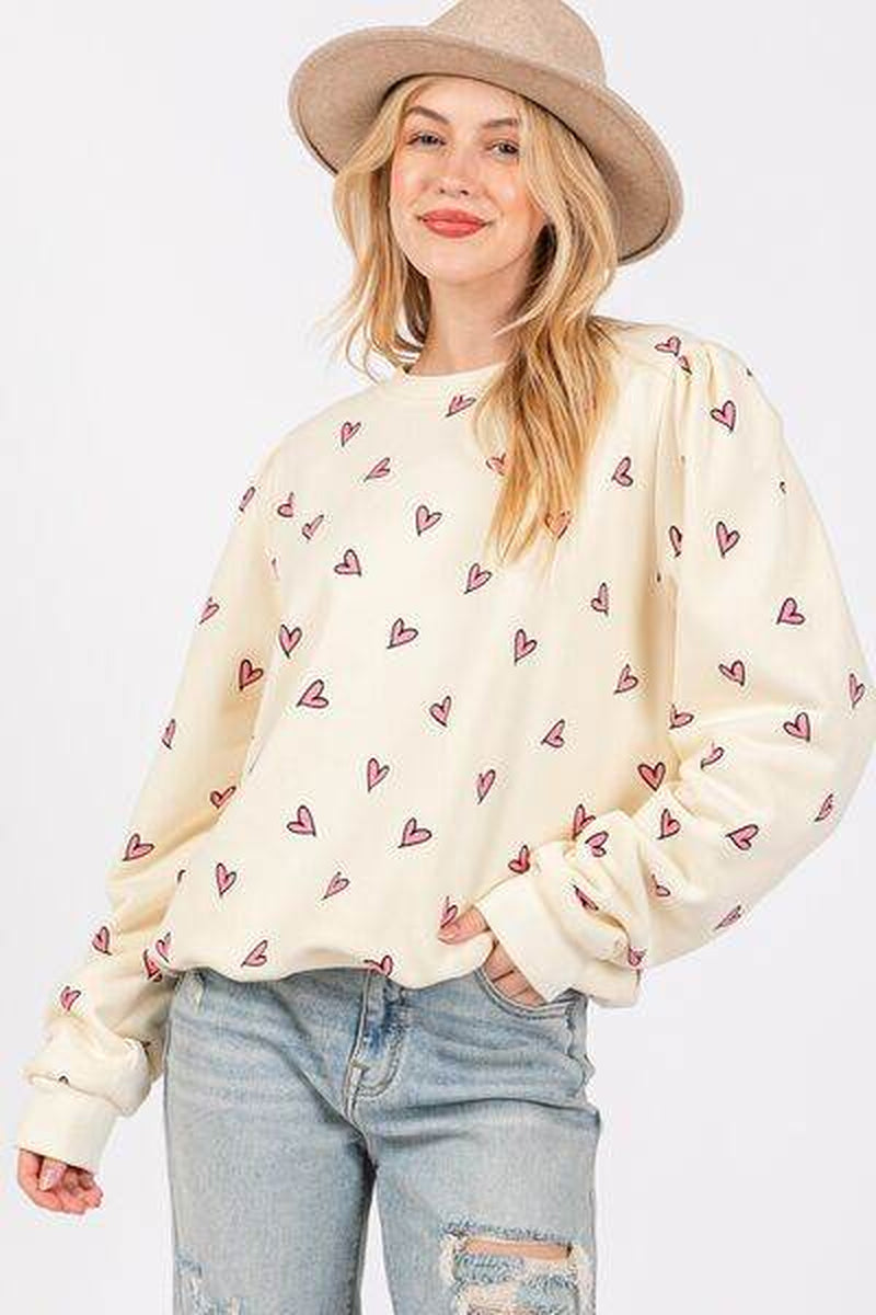  Heart Printed Contrast Long Sleeve Sweatshirt