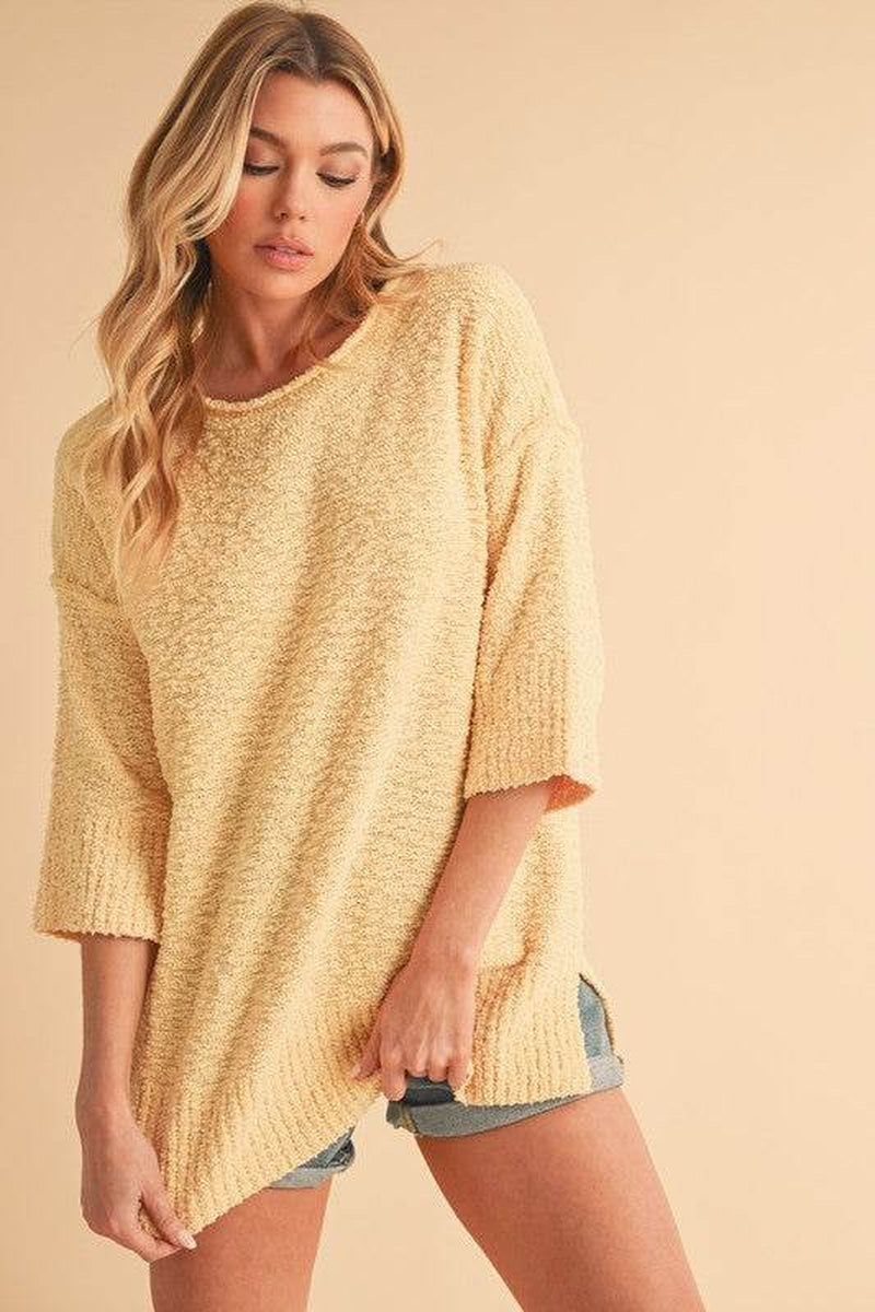 Side Slit Ribbed Hem round Neck Sweater