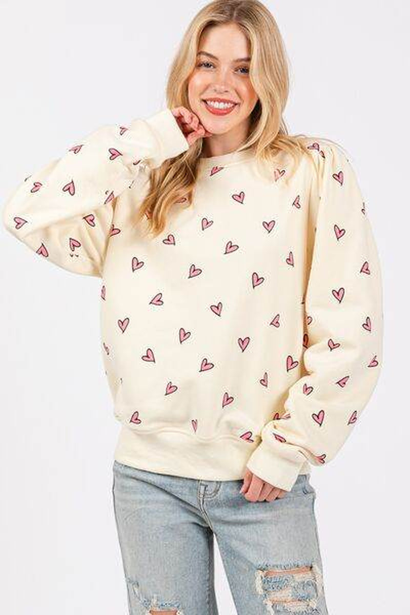 Heart Printed Contrast Long Sleeve Sweatshirt