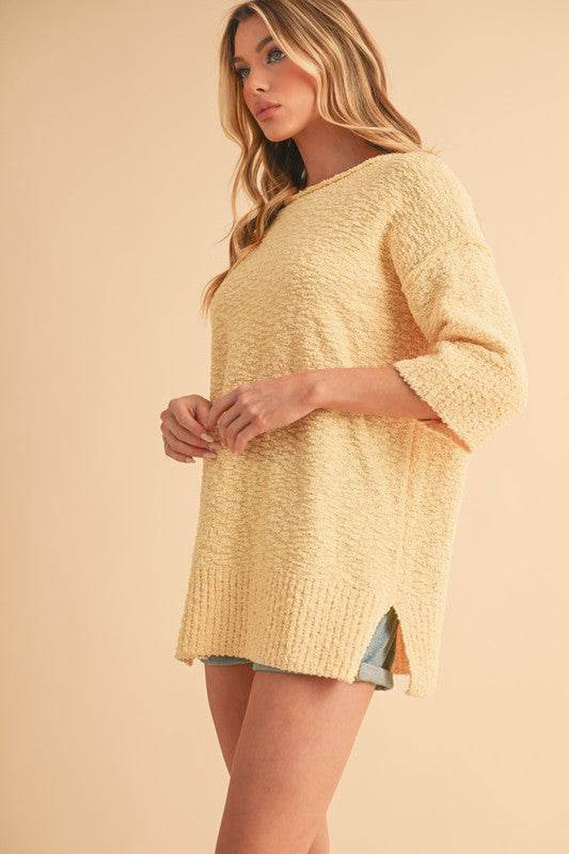Side Slit Ribbed Hem round Neck Sweater