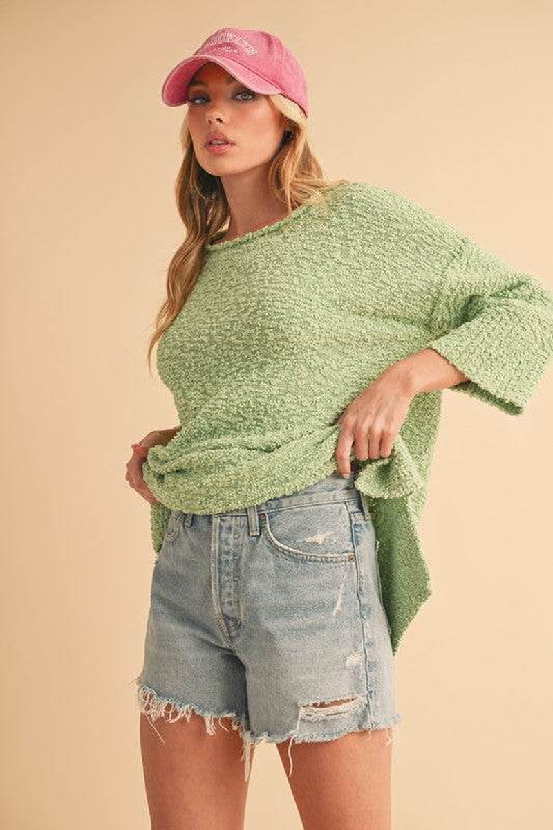 Aemi + Co Side Slit Ribbed Hem round Neck Sweater