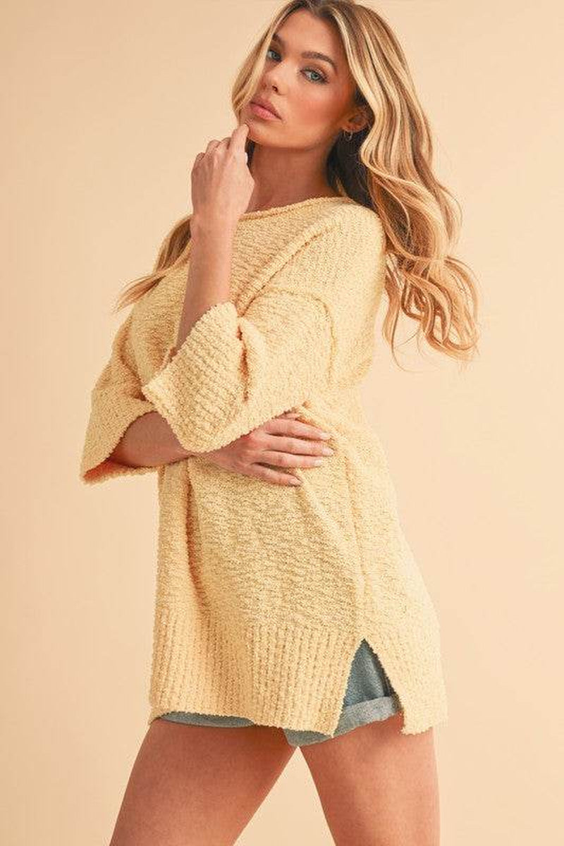 Side Slit Ribbed Hem round Neck Sweater