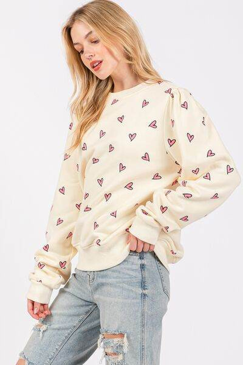  Heart Printed Contrast Long Sleeve Sweatshirt
