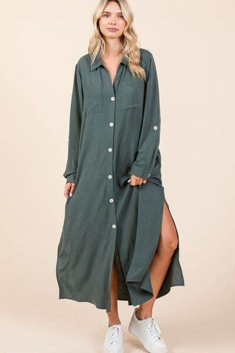 Mittoshop Airflow V-Neck Long Sleeve Button down Maxi Dress