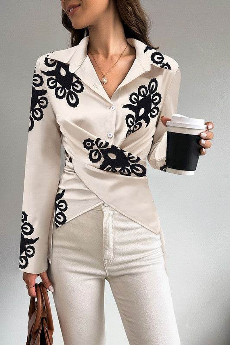 Print Button Cross Asymmetrical Hem Fit Blouse