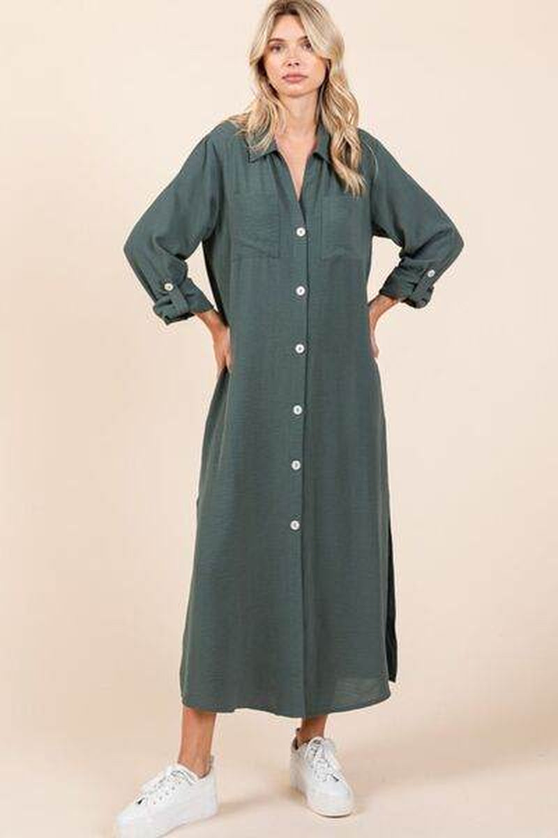 Mittoshop Airflow V-Neck Long Sleeve Button down Maxi Dress