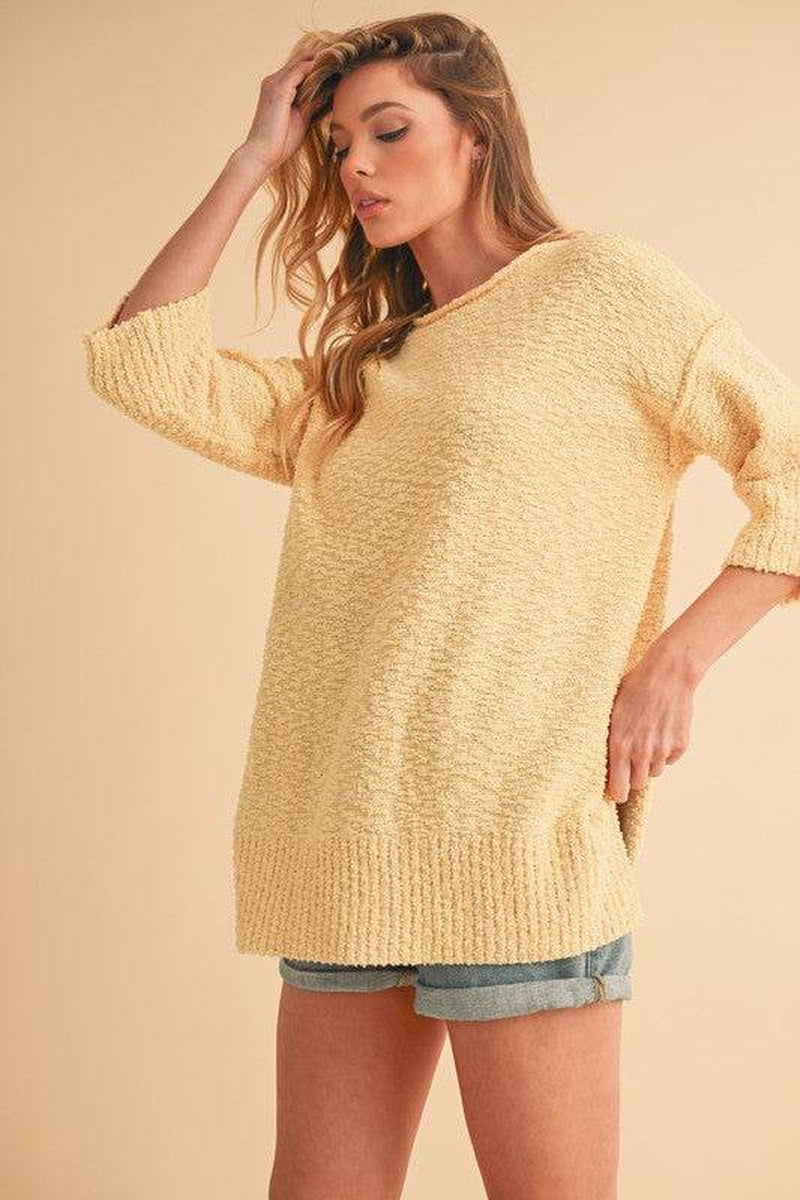 Side Slit Ribbed Hem round Neck Sweater
