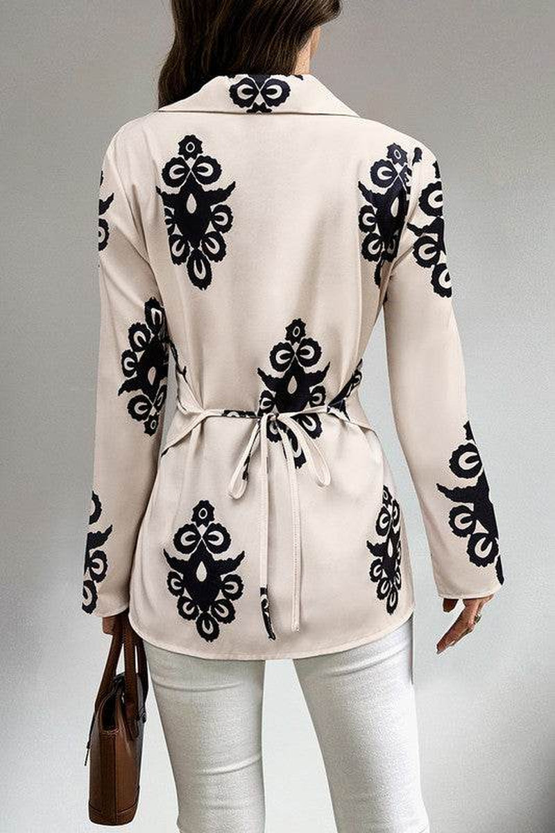 Print Button Cross Asymmetrical Hem Fit Blouse