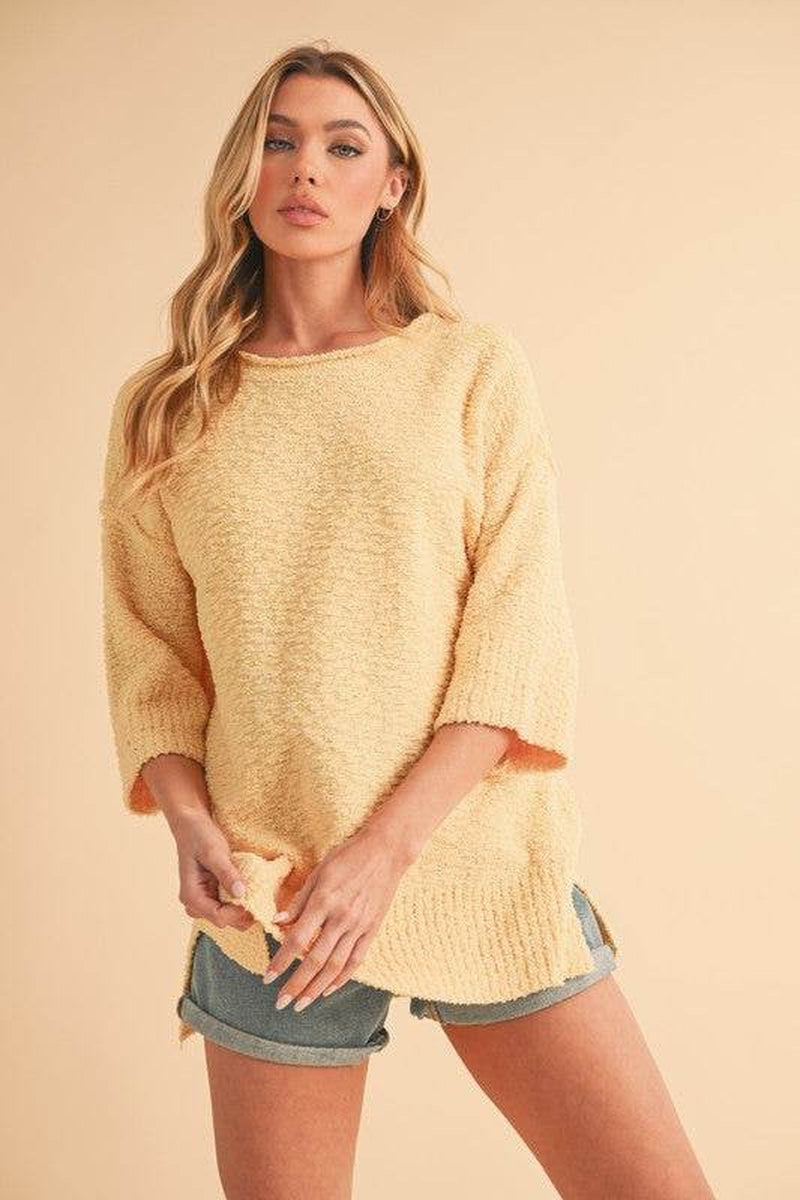 Side Slit Ribbed Hem round Neck Sweater